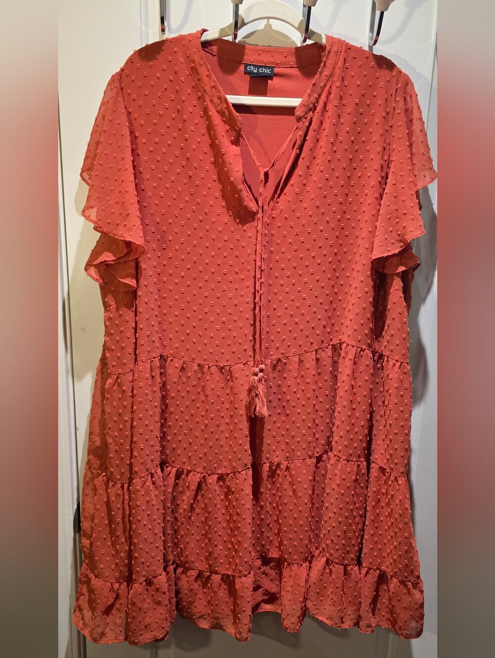 City Chic Coral Ruffle Tiered Swiss Dot Mini Dress